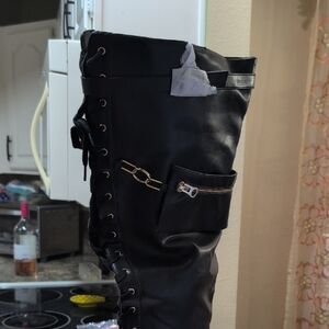 Elira Black Leather Thigh High Boots 9